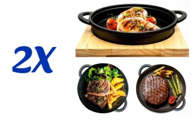 Cast Iron Sizzle Platter Steak Sizzler Serving Plate Sizzling Dish Wooden  Base UK