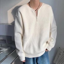 Men's New Winter V Neck Zipper Long Sleeve Loose Fashion Casual Kniting Sweater
