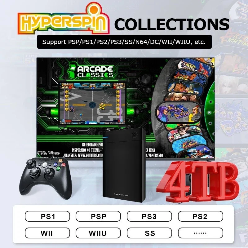 HyperSpin 4TB USB 3.0 2.5 inch HDD 80000 Games with USB Xbox PC Controller PnP