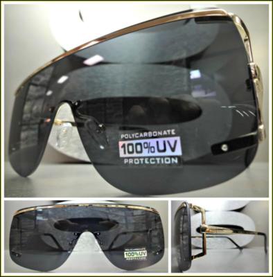 Men or Women Classy Elegant Modern Retro Shield SUN GLASSES Gold Frame Dark Lens