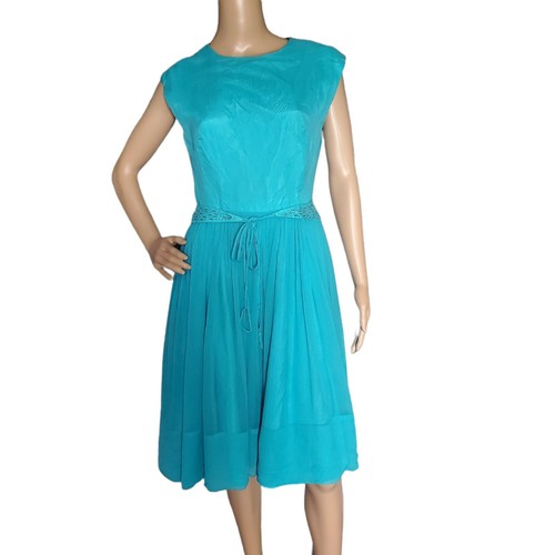 Vintage 50s RK Originals Turquoise Chiffon Party Dress Sequin Beaded Belt - Picture 2 of 10