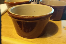 2  Vintage brown Pottery Ramekin Souffle Dishes-cooking pots 12cm Diameter vgc