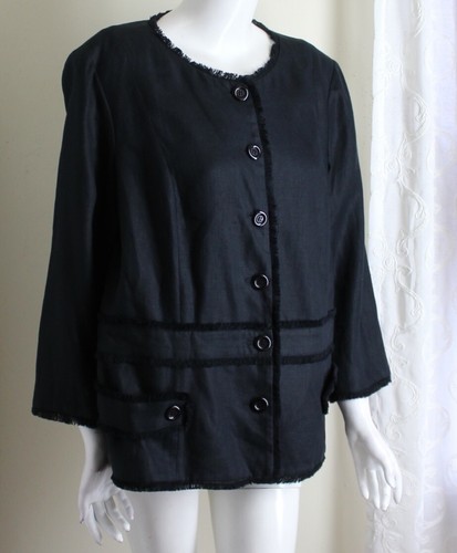 Neiman Marcus Sz 16 XL Black Fringed 3/4 Designer 100% Linen Blazer Jacket Chic - Picture 6 of 8