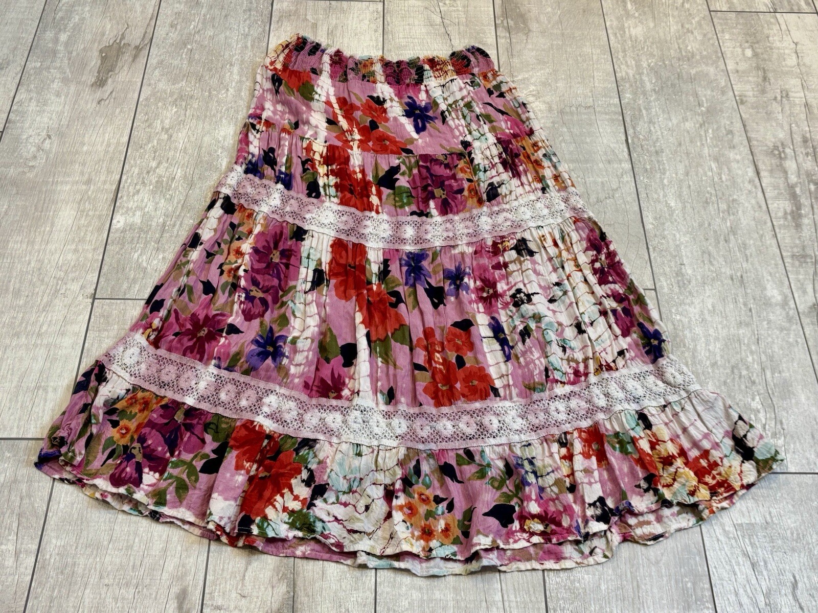 Angie Floral Tiered Crochet Boho Maxi Skirt Size L Pink Festival Gypsy Flowy
