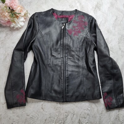Jaclyn Smith 100% Genuine Leather Shell Full Zip Stitch Embroidered Jacket Sz S