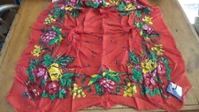 Vintage NOS SCARF Multi-color Floral on Red, Fringed, 29"x29",Rayon,1940's-50s