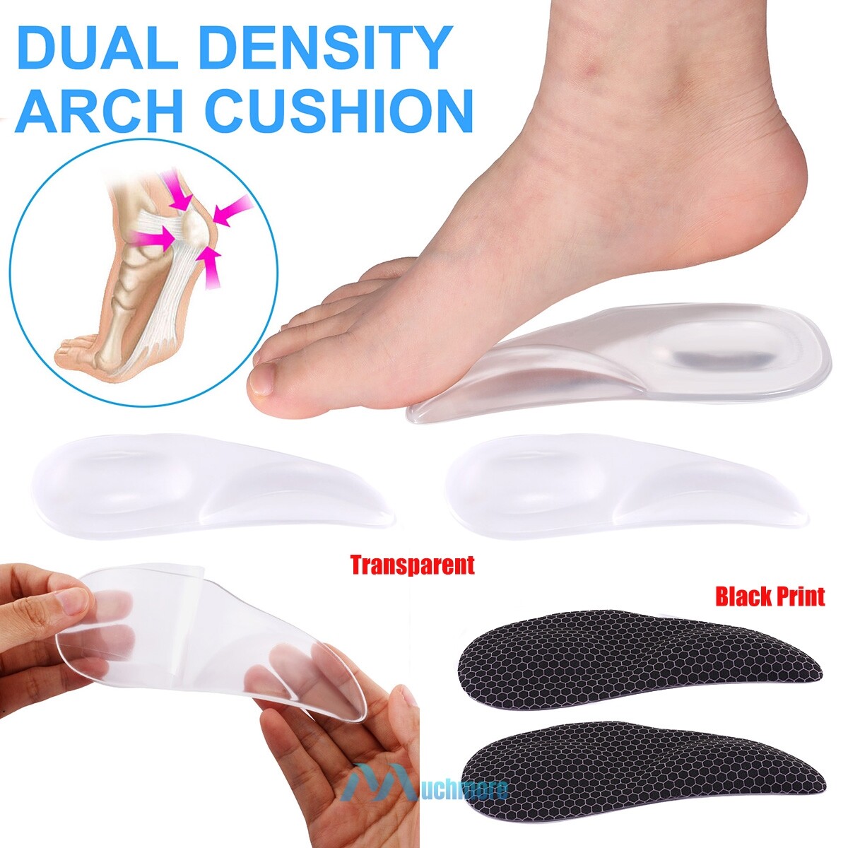 Shoe Inserts Medial Arch Support Silicone Foot Arch Support Shoe Inserts  For Plantar Fasciitis Self Adhesive Heel Cushion