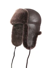 Aviator Trapper Ushanka Leather Shearling Sheepskin Fur Hat - Brown
