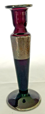 Purple Amethyst Glass w/ Silver Overlay Single 8 1/4''  Candlestick c. 1920