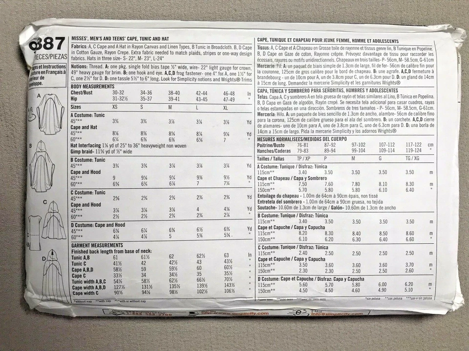 Costumes Pattern Wizard Renaissance Faire, Simplicity 9887 Sizes XS to XL Uncut - Image 4 of 4