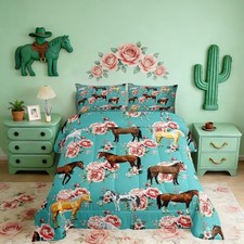 Girls Horse Comforter Set - Full Size Pink Flower Bedding Set for - Galloping...