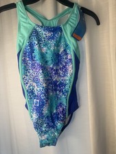 Speedo Kids Girl Swimsuit Zise 12 Green Blue Flower One Piece NWT