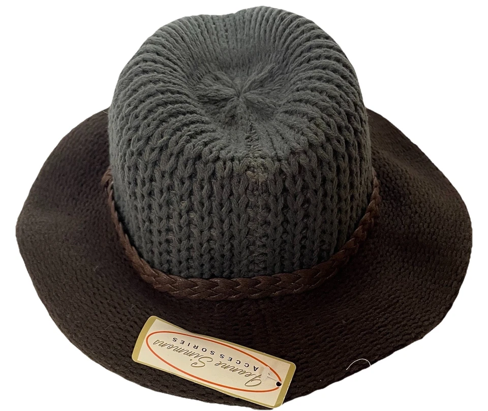 Jeanne Simmons Crochet Summer Hat OS Slouchy Gray Brown Braided Leather Band - Image 4 of 4