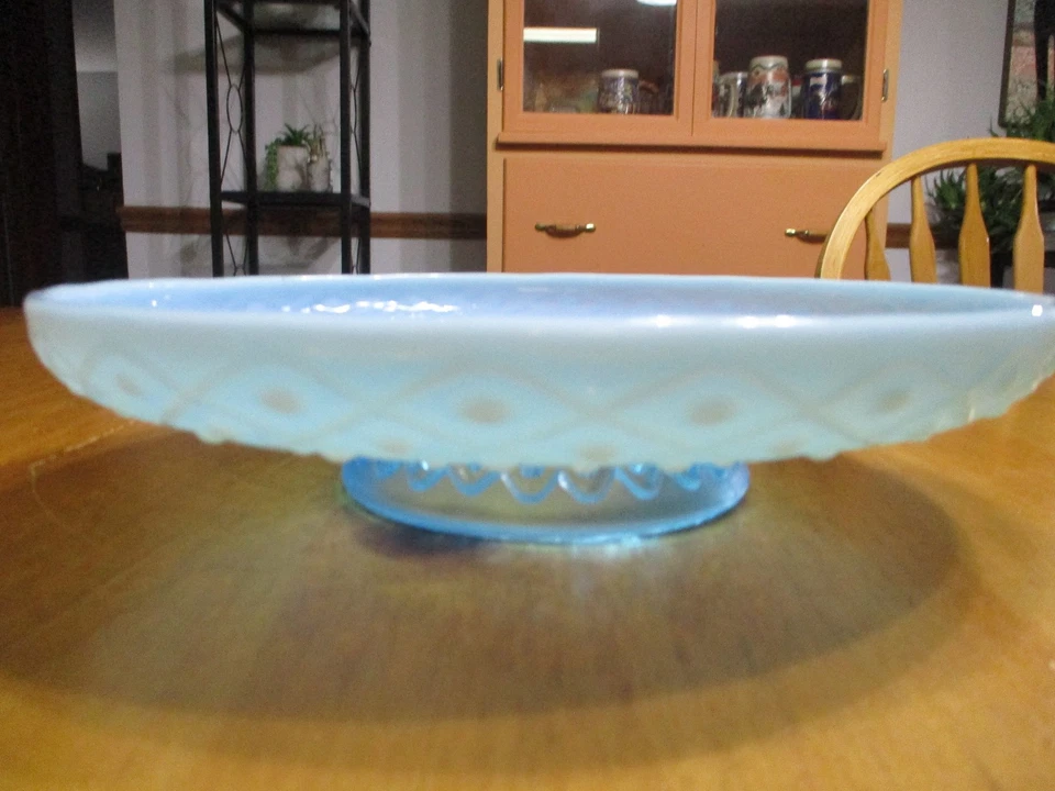Редкая винтажная опалесцирующая подставка для торта на низких ножках Fenton Blue Aqua Crest с губами, красивая! - Изображение 2 из 4