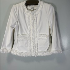 Doncaster Ivory Ruffled Short Jacket 3/4 Sleeves Full Zip Sz 10