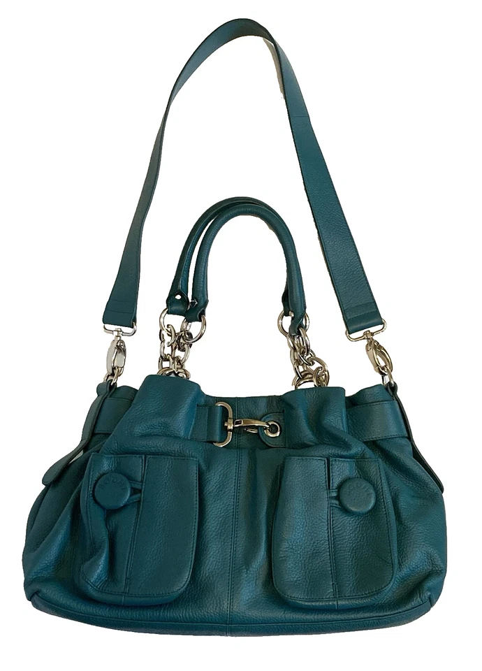 BODHI Bolso de Mano Grande de Cuero Guijarro Verde Aqua Cadena Plateada Foto 2 de 4