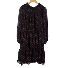 Ann Taylor Polka Dot Smocked Ruffle Neck Tiered Midi Dress Size 18 Black Pink
