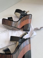 Jimmy Choo Sandals Notion Black Patent Leather Animal Print Wood Platform 8.5