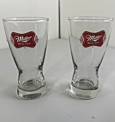 Vintage Miller High Life Beer Pilsner Glasses Set of 2 Red Logo Barware