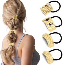 Gold Hair Cuffs 4 Pcs Elastic Hair Ties Gold Ponytail Cuff Non-Damage Ponytail H