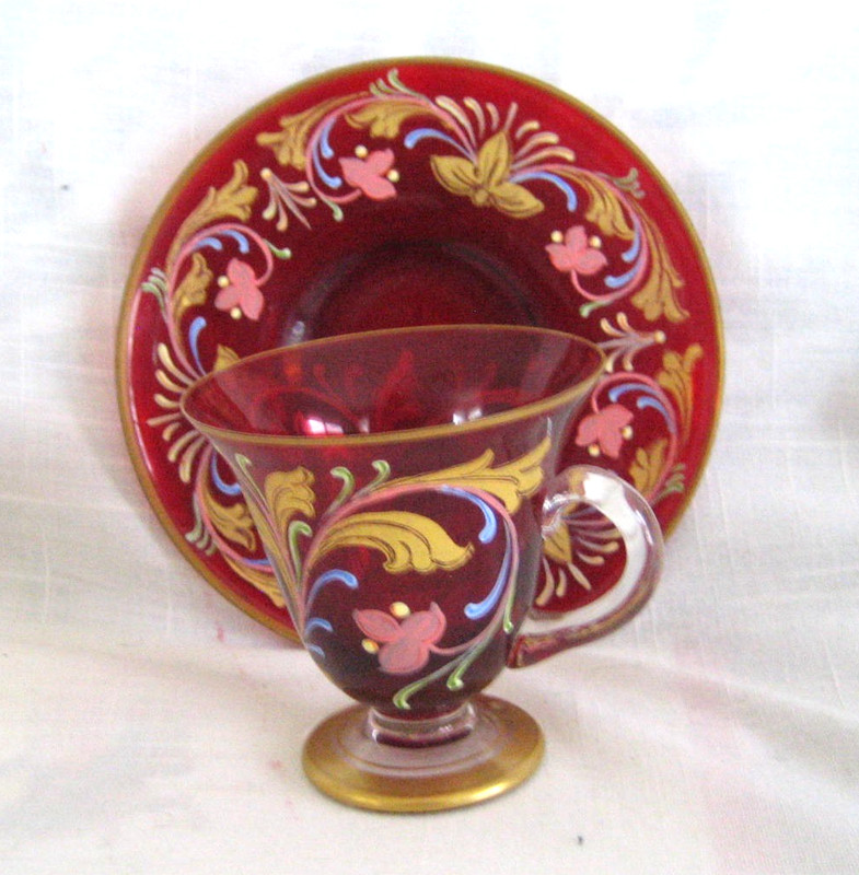 Vintage Moser Cranberry Glass Tea Cup & Saucer ~ Hand Painted Flowers