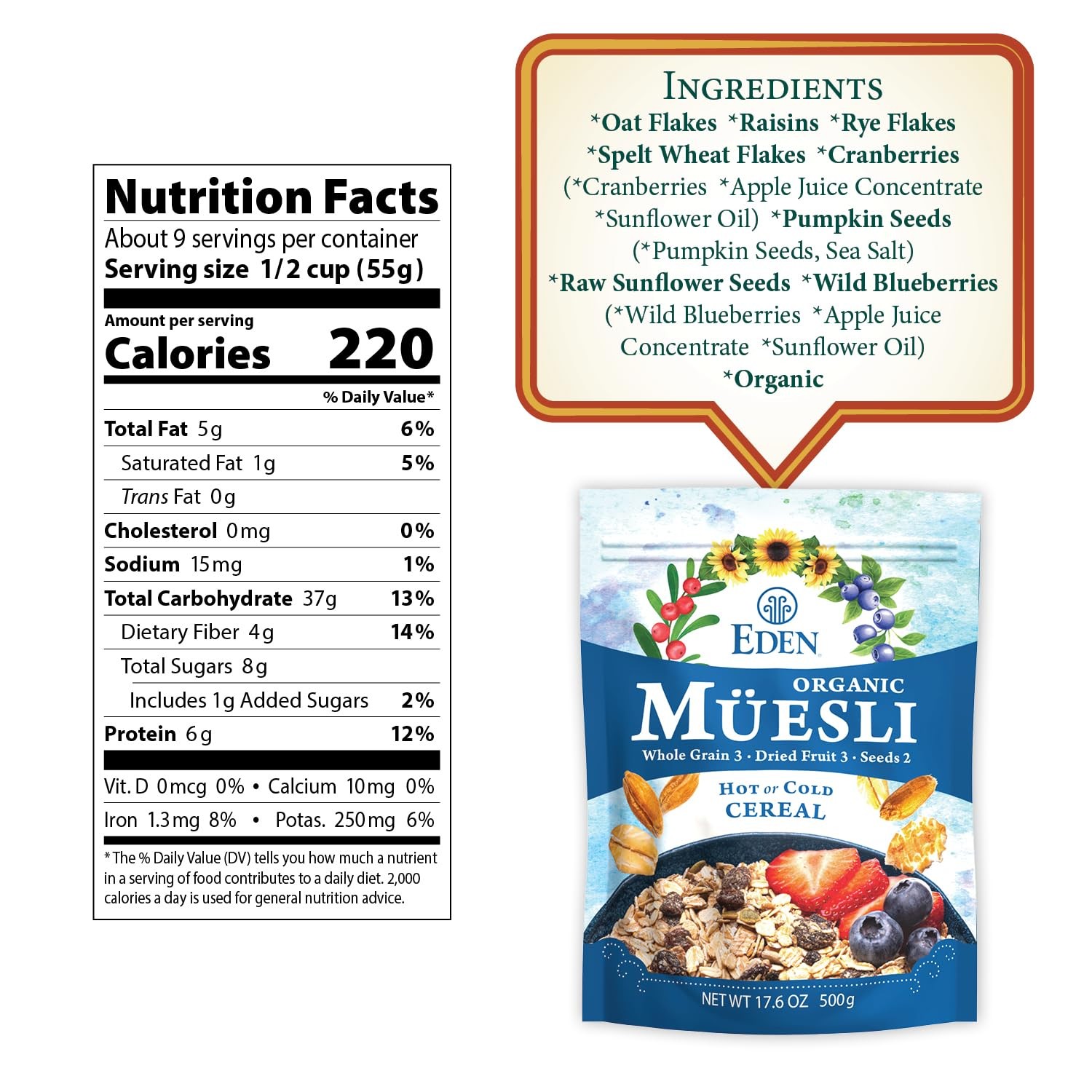 Eden Organic Muesli Cereal, Eat Hot or Cold, Oat, Rye, 17.6 Ounce (Pack of 1) 