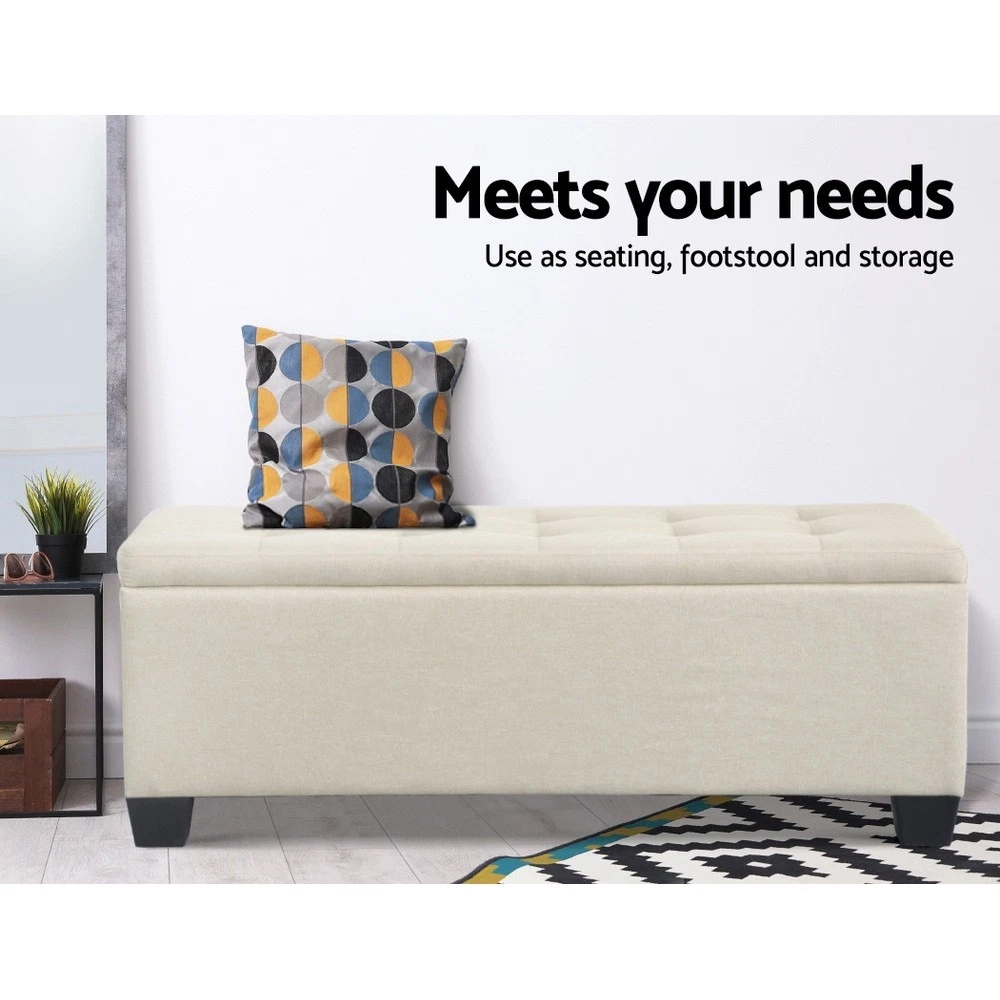Artiss Storage Ottoman Blanket Box Bench 97cm Linen Chest Foot Stool Beige