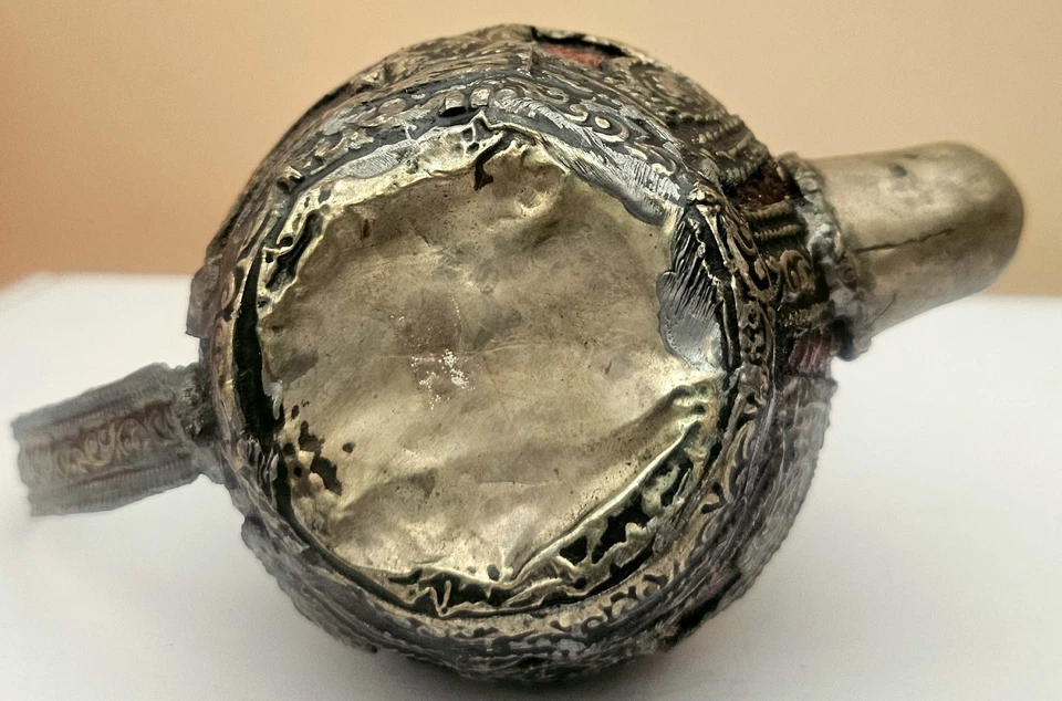 Vintage Red Cruet Bottle With Ornate Aluminum Holder - Image 4 of 4