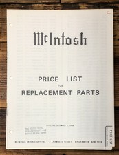 McIntosh Price List for Replacement Parts 1968 Service Manual Original 