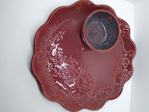 Ceramic Round Tray 12" With Dip Bowl / Chip and Dip . Colorful - Picture 8 of 8