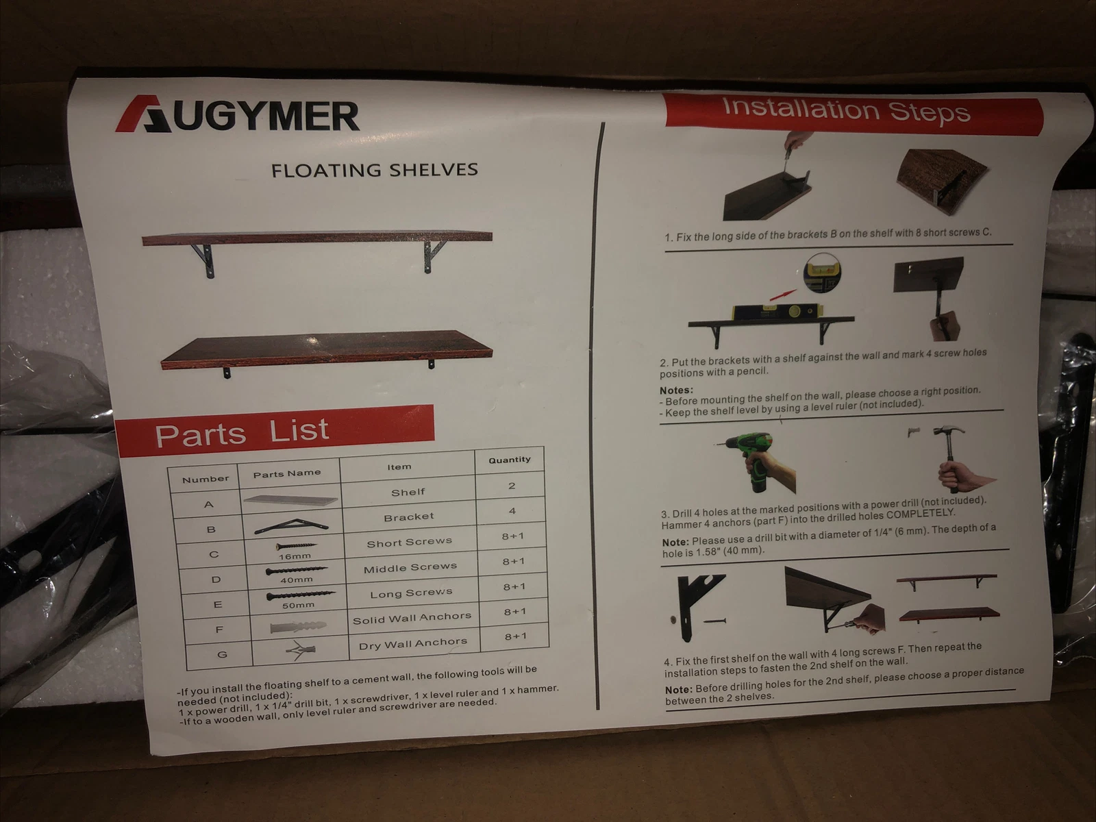 Augymer Floating Shelves Brown Wood (2 Shelves) 23” New -Open Box