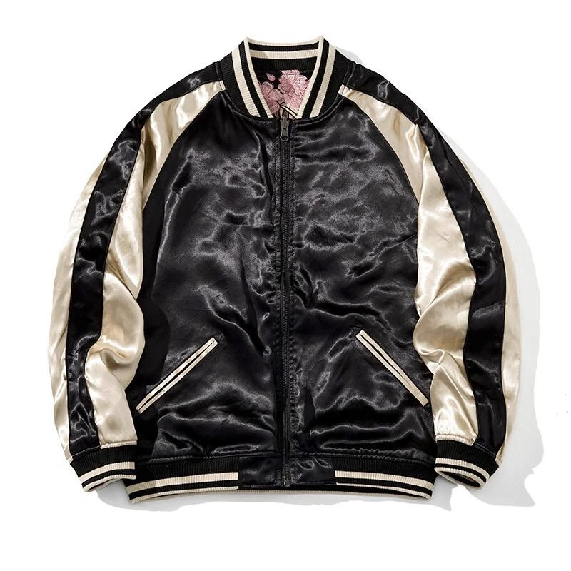 Men Souvenir Jacket Japanese Pattern Embroidery Dragon Sakura