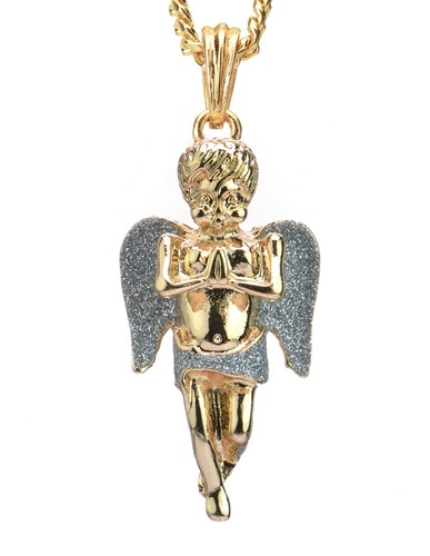 Men's Gold Plated Baby Pray Angel Pendant 20" Cuban Chain Necklace 72 - Foto 2 di 8
