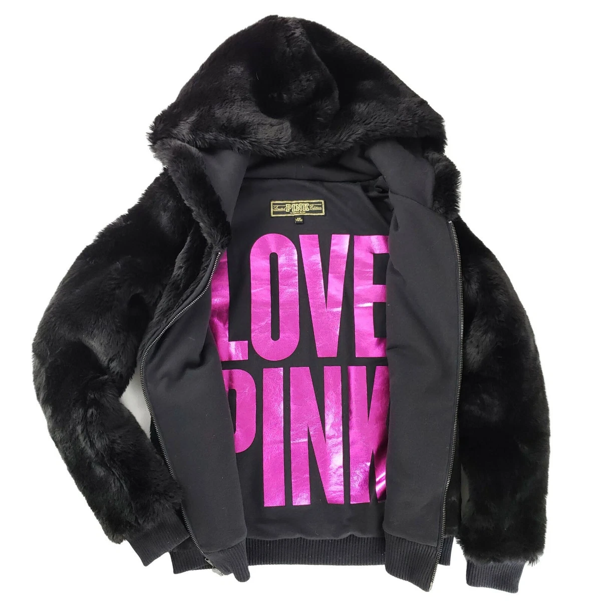Rare VS Runway Victorias Secret Pink Ltd Hoodie Jacket Faux Fur Coat Sweatshirt