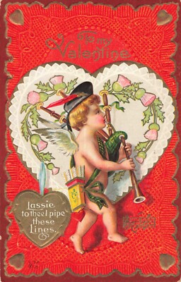To My Valentine Cupid with Arrows Playing Bagpipes Winsch? c1910 VTG PC