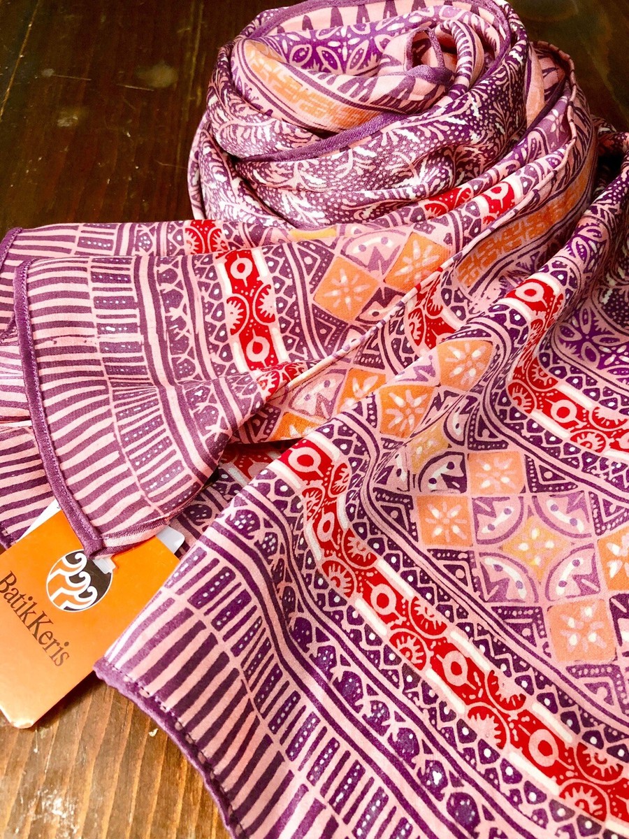Batik Keris Indonesian Silk Scarf, rectangular scarf in pink and purple