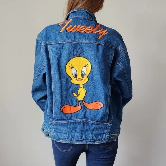 VINTAGE Looney Tunes Tweety Bird Embroidered Denim Jean Jacket S