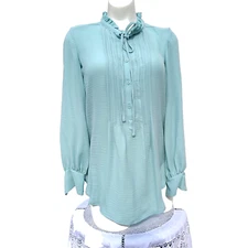 Simply Vera Wang Ruffle Blouse Size XS Tie Neck Button-Up Aqua Blue Yoke Back