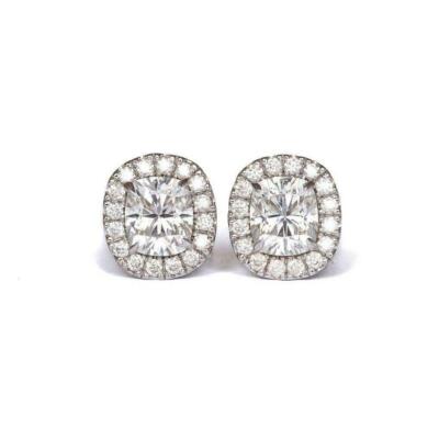 2ct Cushion Cut Lab-Created Moissanite Halo Stud Earrings 14k White Gold Plated