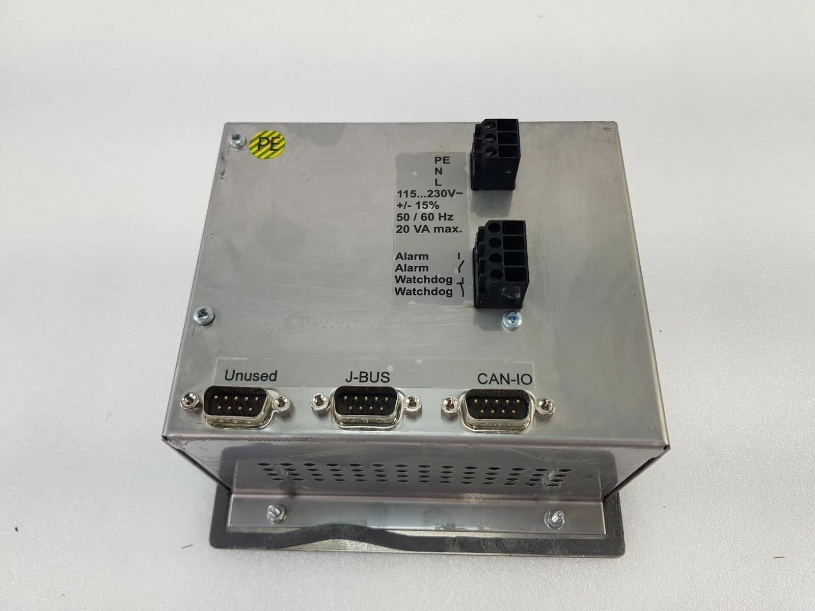 Back of the Stange SE-502: 115-230V supply terminal, alarm/watchdog contacts, J-BUS and CAN-IO ports
