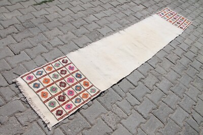 1x9 ft Boho Kilim Runner: Handmade Beige Multicolor Wool Decor