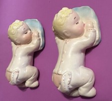 Vintage Chalkware Sleeping Twin Babies Wall Hangers Nursery Infant Figurines
