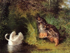 OWLS LOOKING SWANS LAKE PAINTING BY BEARD ON PAPER REPRO 12x16