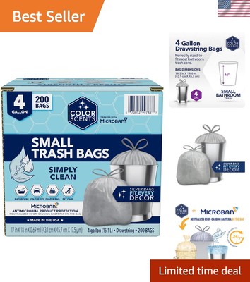 Drawstring 4 Gallon Trash Bags - 200 Count Silver Bags with Simply Clean Scent