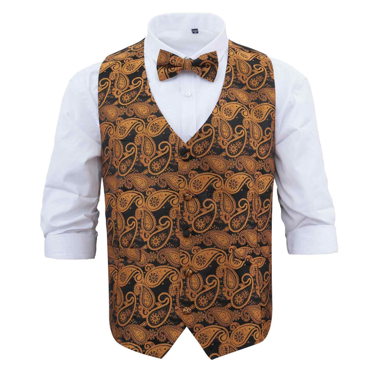 Mens Black Boho Paisley Patterned Vest Waistcoat & Matching Bow Tie main image 0