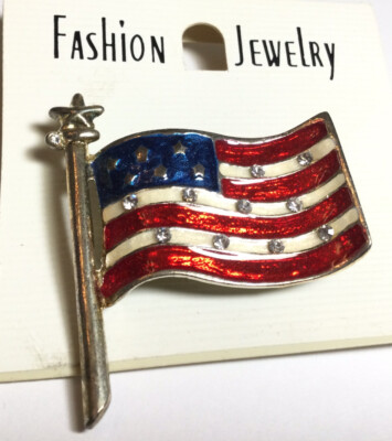 PRETTY FASHION JEWELRY ENAMEL USA FLAG PIN SILVERTONE NICE UNUSED 
