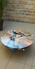 Handmade Round Clear Epoxy Resin Coffee Table – Live Edge Wood Top for Unique