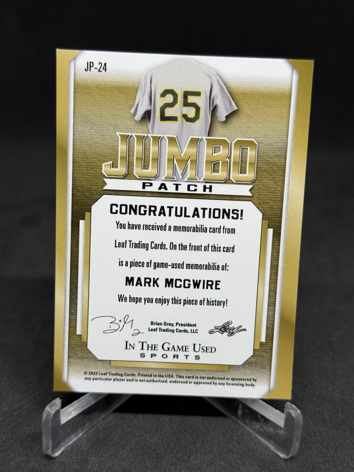 2022 Leaf In The Game Used Sports Mark McGwire Jumbo Logo Patch Jersey /3 view 2