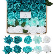 Artificial Flowers, 25pcs Real Looking Teal Green Rose Fake Roses w/Stem for ...