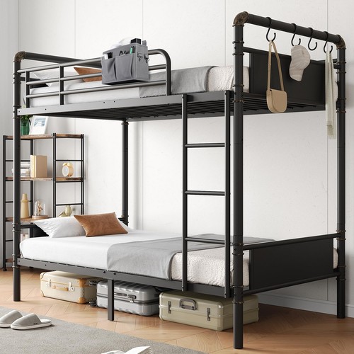 Bunk Bed Twin Over Twin, Heavy Duty Metal Bunkbeds with Ladder and Full-Lengt...